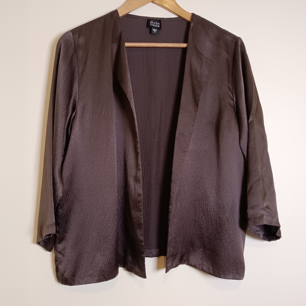 Eileen Fisher Silk Open Front Crinkle/Seersucker Unlined Jacket